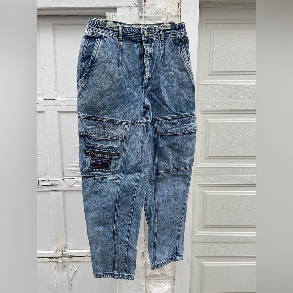 Vintage 80s 90s Bugle Boy Acid Stone Washed Cargo Jeans Pants size 30M